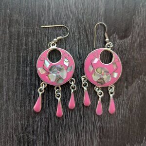 Vintage Pink Alpaca Silver Inlaid Abalone Resin Pearl Dangle Earrings
